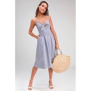 Lulu's Joyful Days Blue Striped Knotted Front Midi Dress With Pockets XS